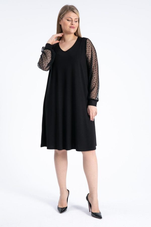 Plus Size Sleeve Polka Dot Black Dress