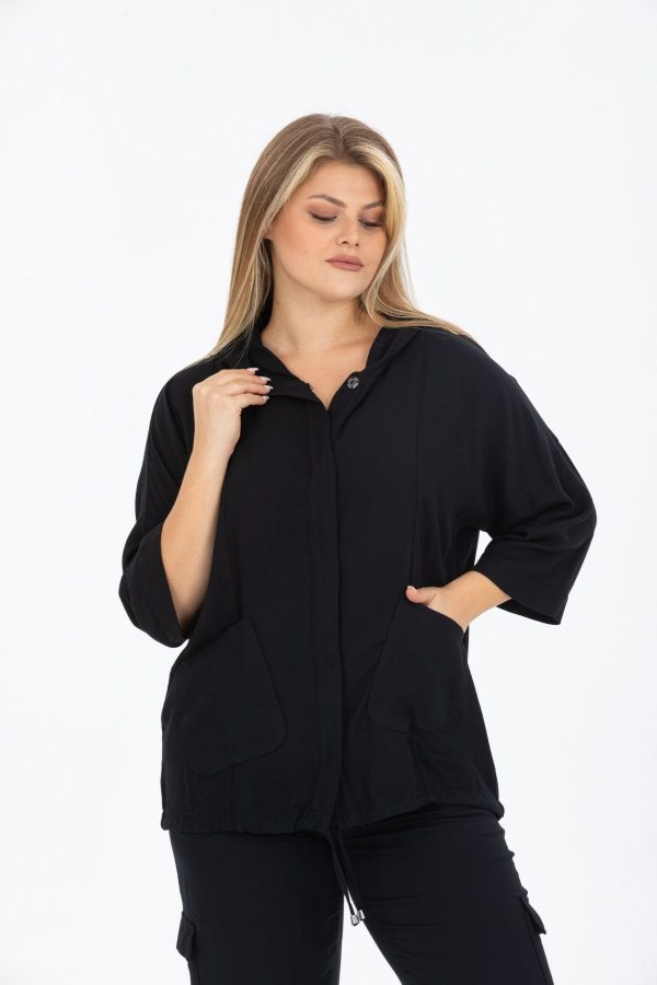 Wholesale Plus Size Black Jacket with Hood and Pockets
